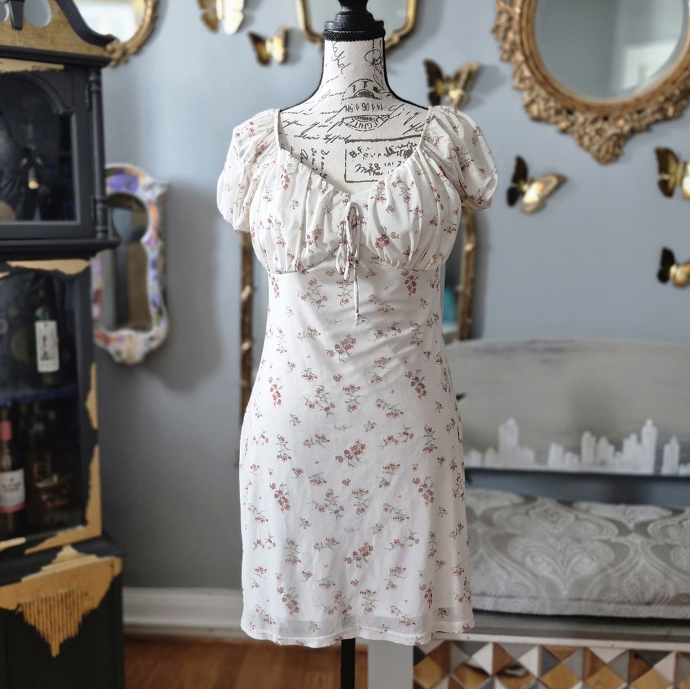 Cottagecore White Dress with Pink Floral Design Medium